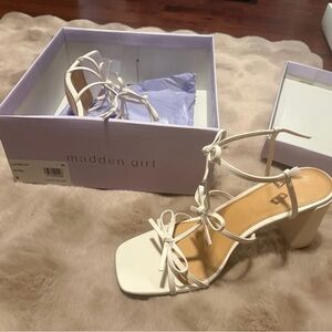 White Bow Strap Block Heel
